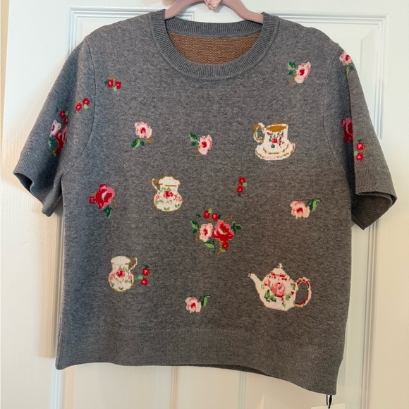 Cider Sweaters - Cider Gray Sweater with Floral and Teapot Motif